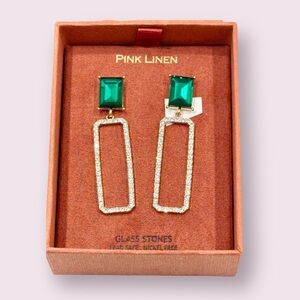 Pink Linen Glass Stones Earrings Green & Gold Brand New